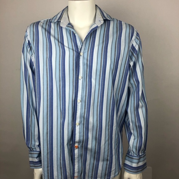 Thomas Dean Men's Blue Striped Button Down Dress Shirt Medium 100% Cotton - Picture 9 of 10